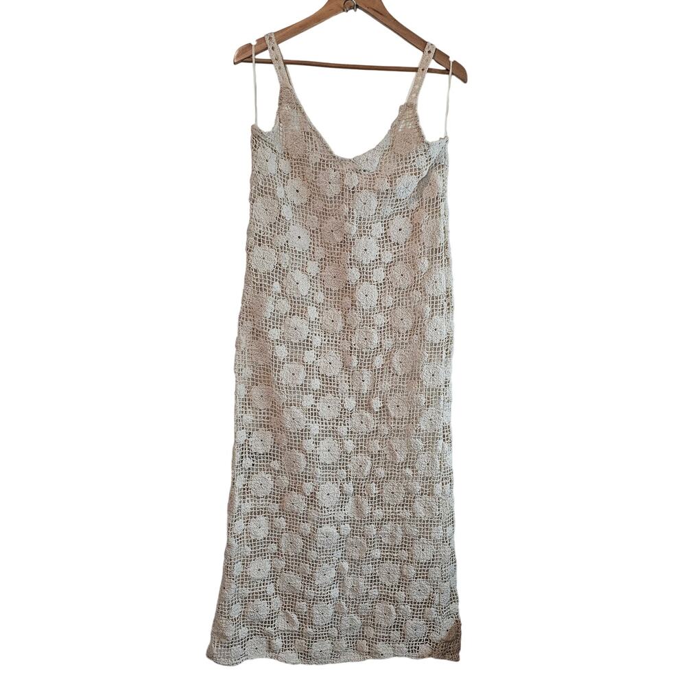 Floral Crochet Sheer Dress Womens Med Beige Fairy Boho Garden Lace Cottage Retro